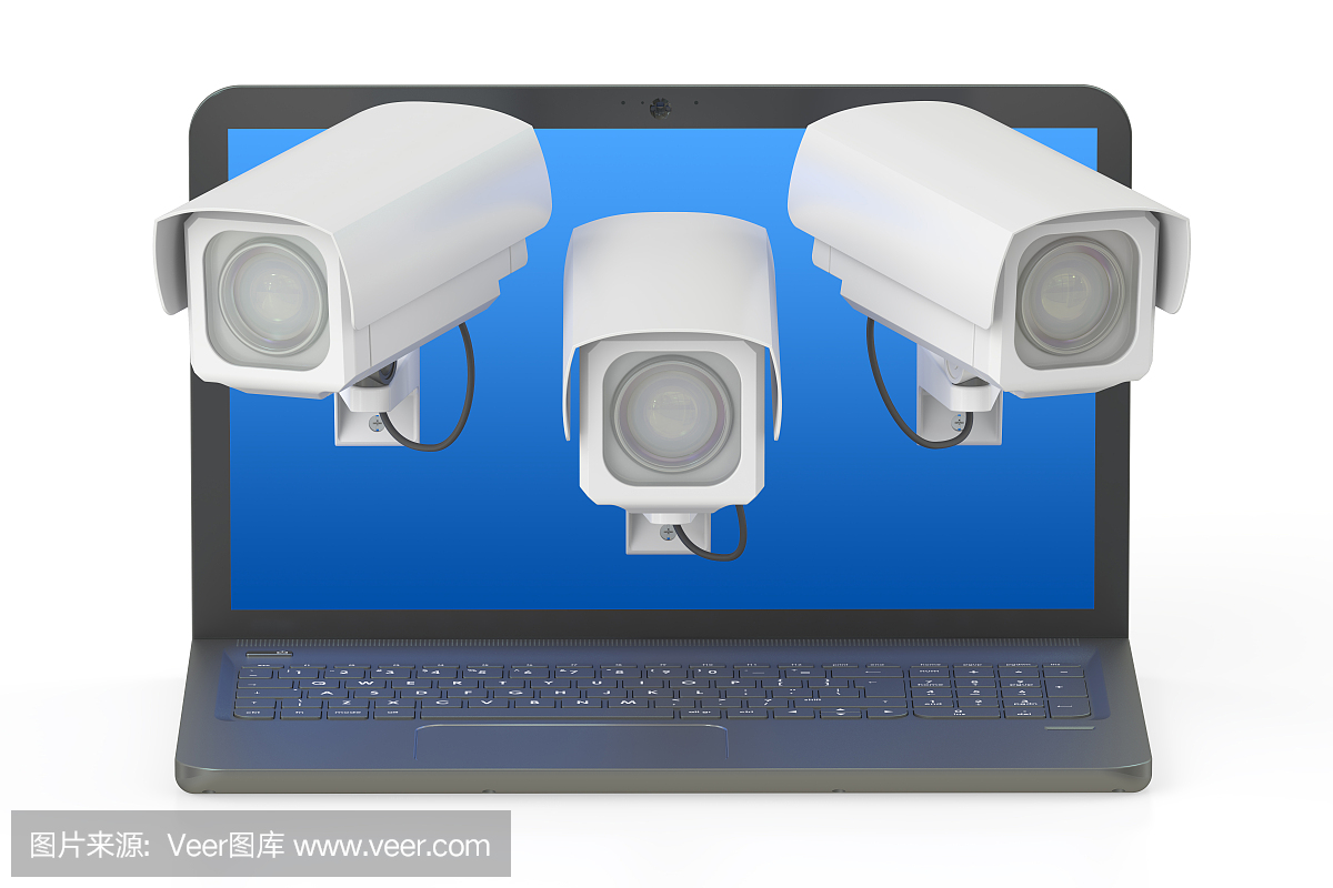 网络安全的概念。笔记本电脑和CCTV, 3D渲染